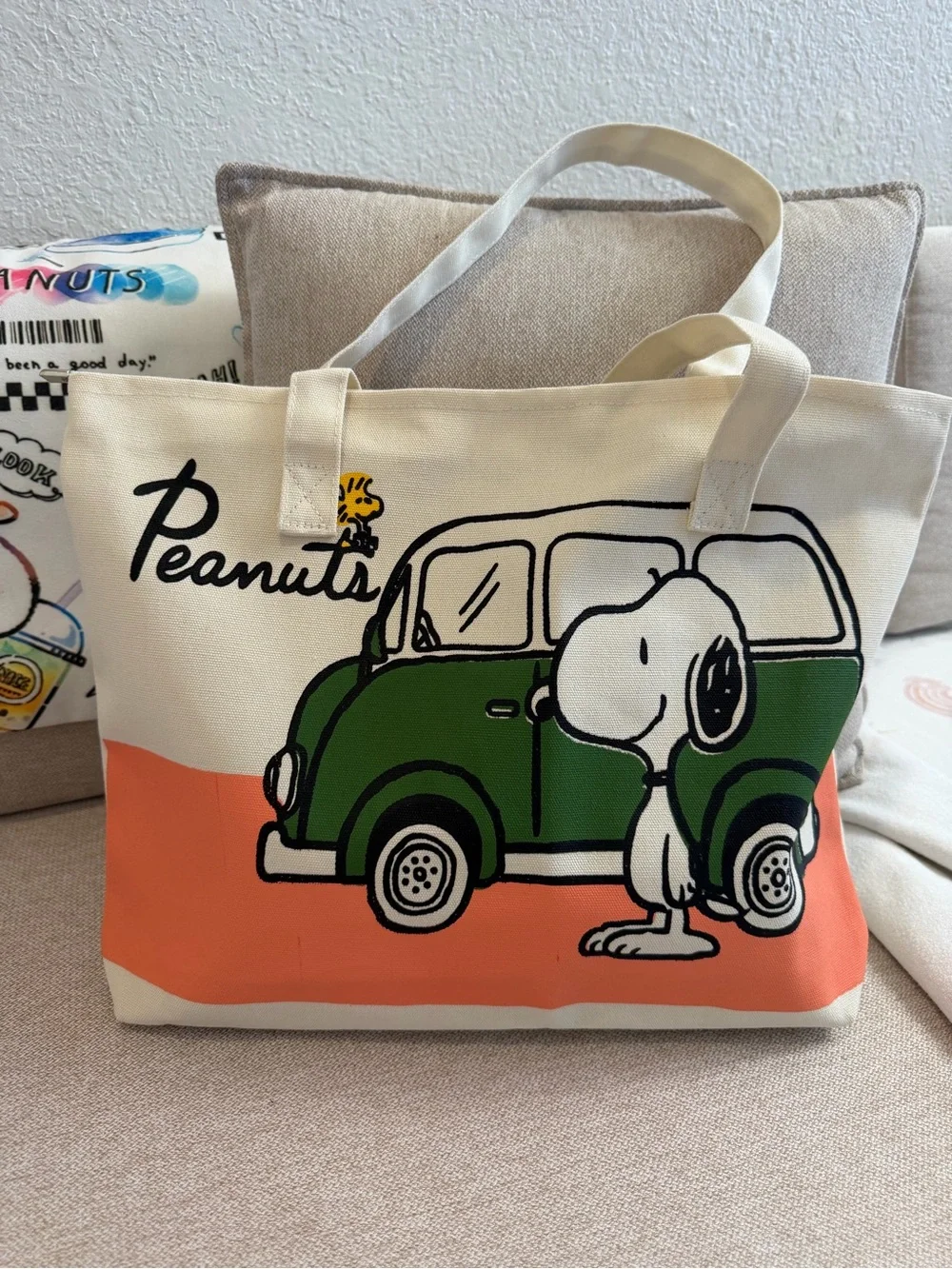Peanuts Canvas Tote with Green Car, Coral Accent